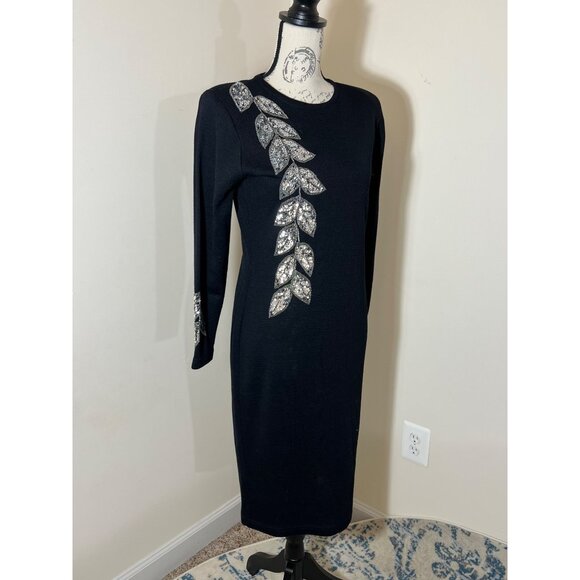 Vintage Outlander Black Sweater Dress Silver Sequin Long Sleeve Sheath Petite S - Picture 1 of 10